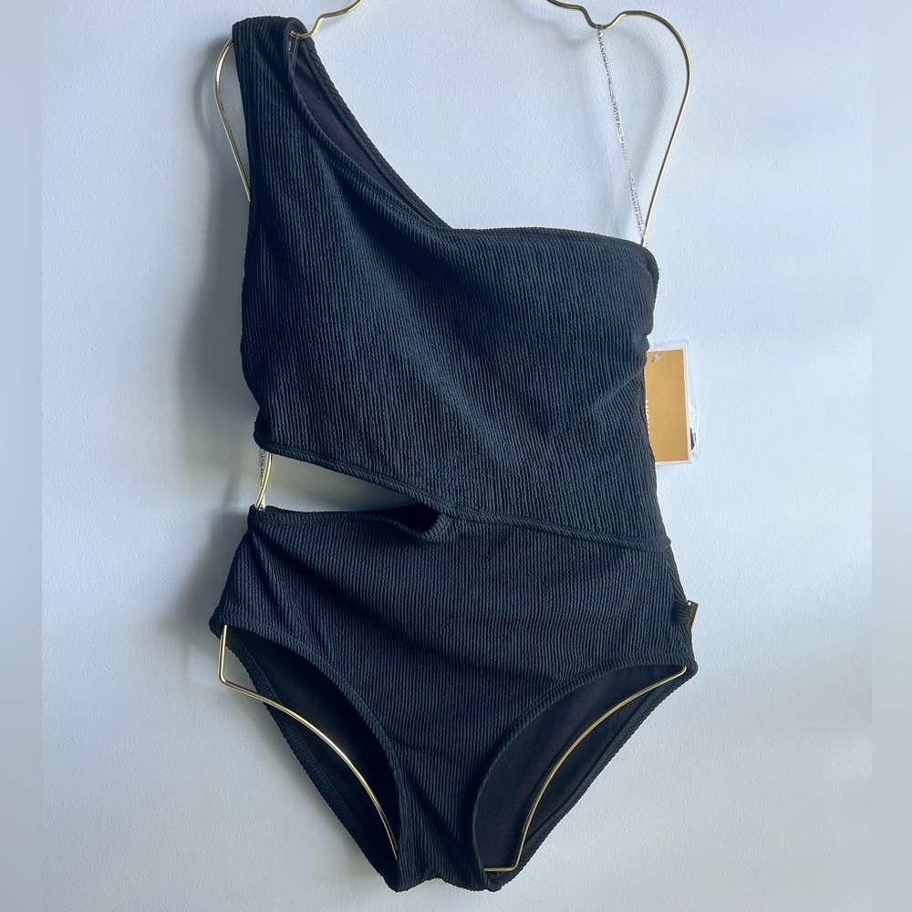 Michael Kors Women's One-Shoulder Side-Cutout Swimsuit Black Size 14
